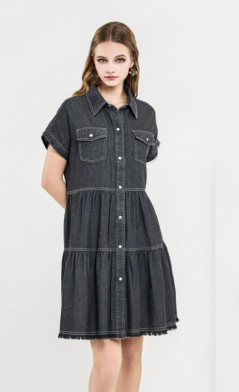 Women’s Denim Button Down Babydoll Tiered Shirt Dress | Zarnesh