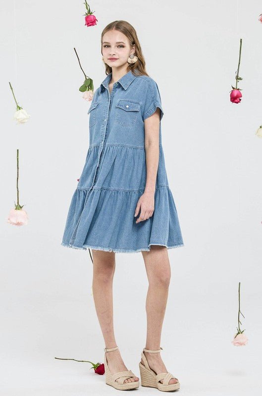 Women’s Denim Button Down Babydoll Tiered Shirt Dress | Zarnesh