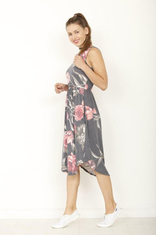 Floral Sleeveless Flare Midi Dress with Pockets