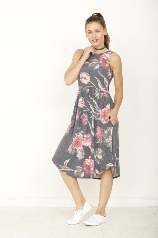 Floral Sleeveless Flare Midi Dress with Pockets | Zarnesh Floral Sleeveless Flare Midi Dress with Pockets | Zarnesh