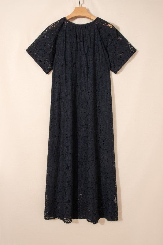 Women's Floral Lace Overlay Tassel Tie Short Sleeve Maxi Dress