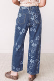 Women's blue floral print wide leg jeans with back patch pockets, back view