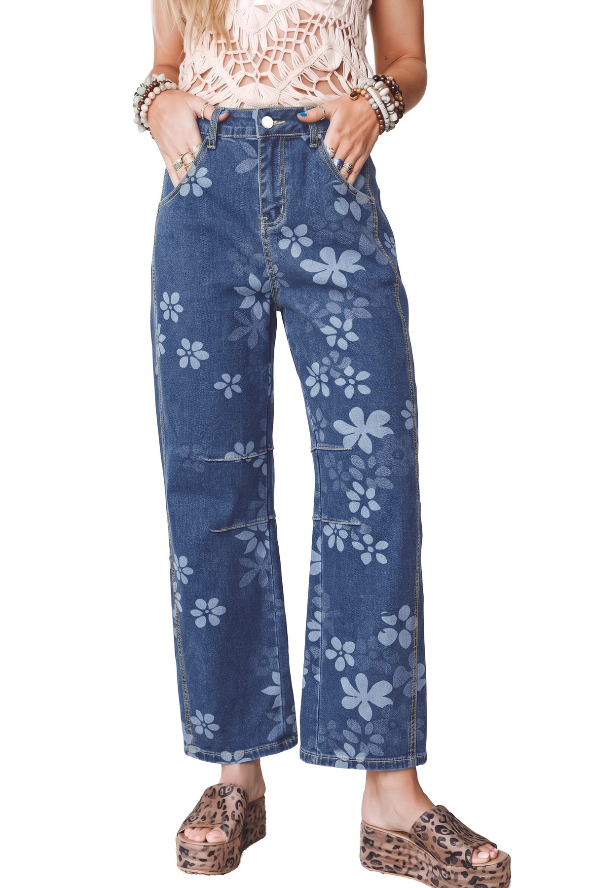 Women's blue floral print ankle length jeans, full length front view