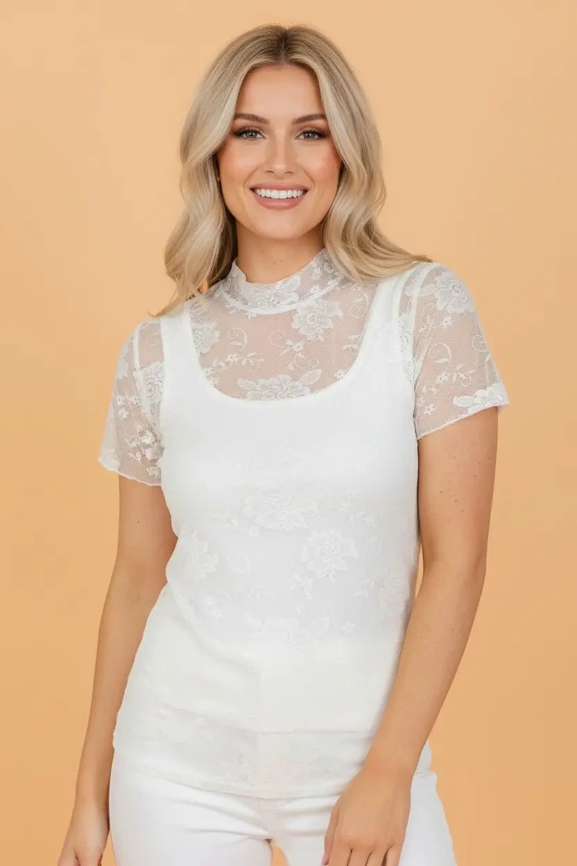 Women’s Floral Sheer Lace Mock Neck Short Sleeve T-Shirt | Zarnesh