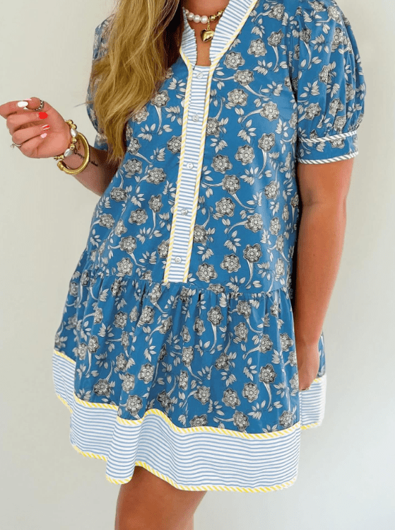 Women’s Floral Stripe Patchwork Plus Size Ruffle Dress | Zarnesh