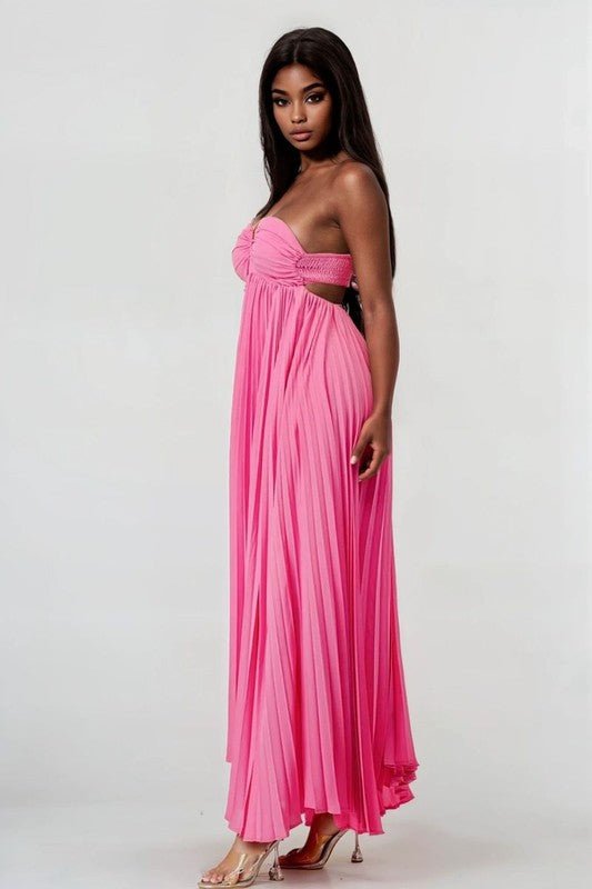Women's Flowy Pink Pleated Halter Strapless Maxi Dress