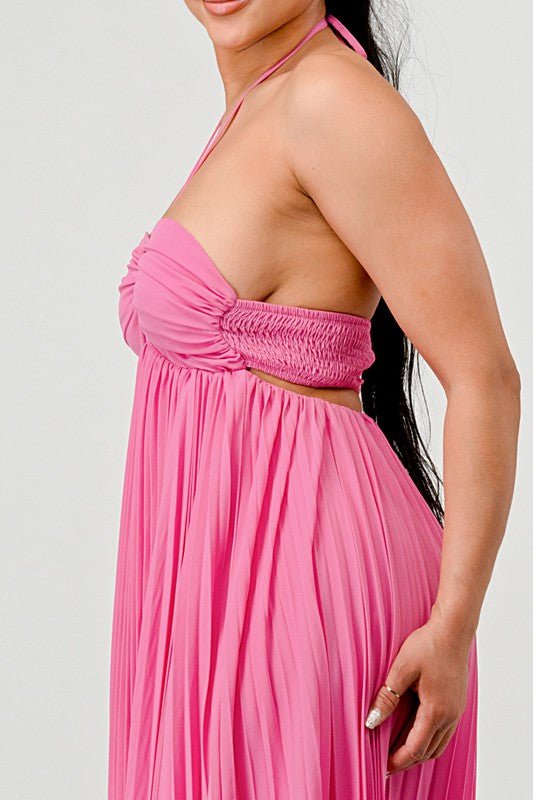 Women's Flowy Pink Pleated Halter Strapless Maxi Dress | Zarnesh Women's Flowy Pink Pleated Halter Strapless Maxi Dress | Zarnesh
