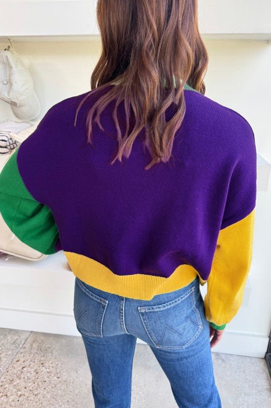 Women’s Fuzzy ColorBlock Mardi Gras Patchwork Sweater | Zarnesh