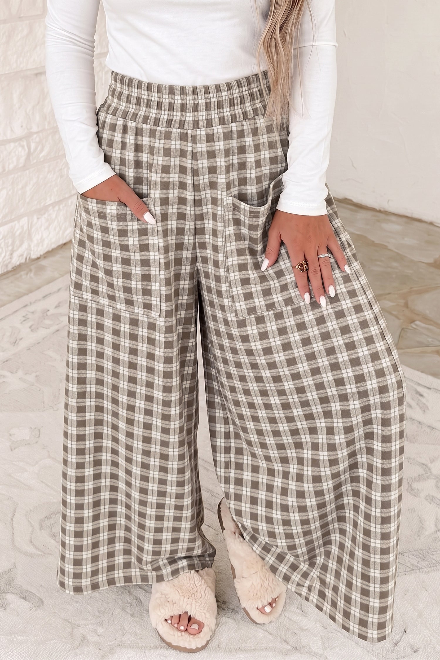 Women's khaki plaid high waisted wide leg pants with elastic waist, front view