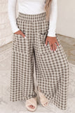Women's khaki plaid high waisted wide leg pants with elastic waist, front view