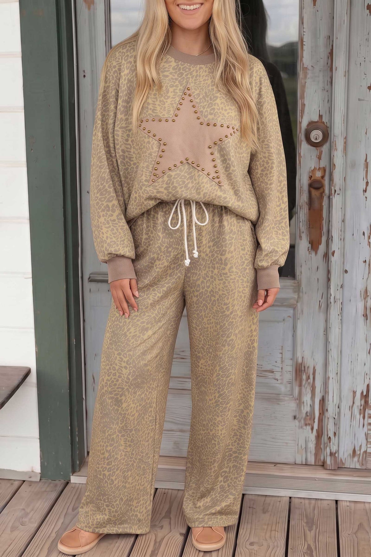 Women's khaki leopard star print top and wide leg pants set, front view