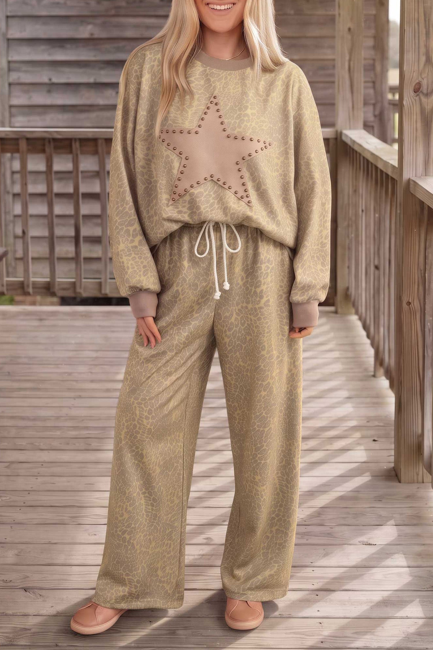 Women's khaki leopard star top and drawstring wide leg pants, styled view