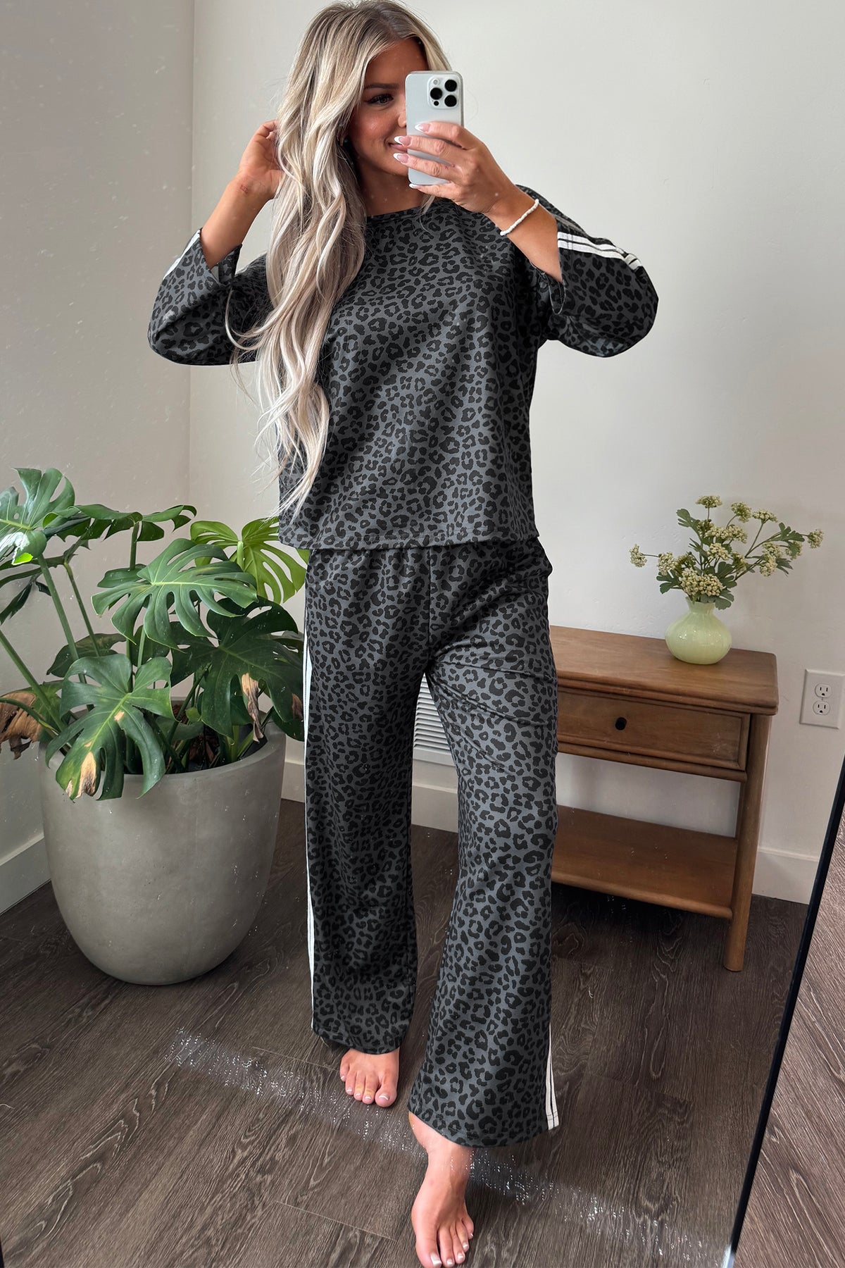 Women's gray leopard varsity stripe top and wide leg pants set, front view
