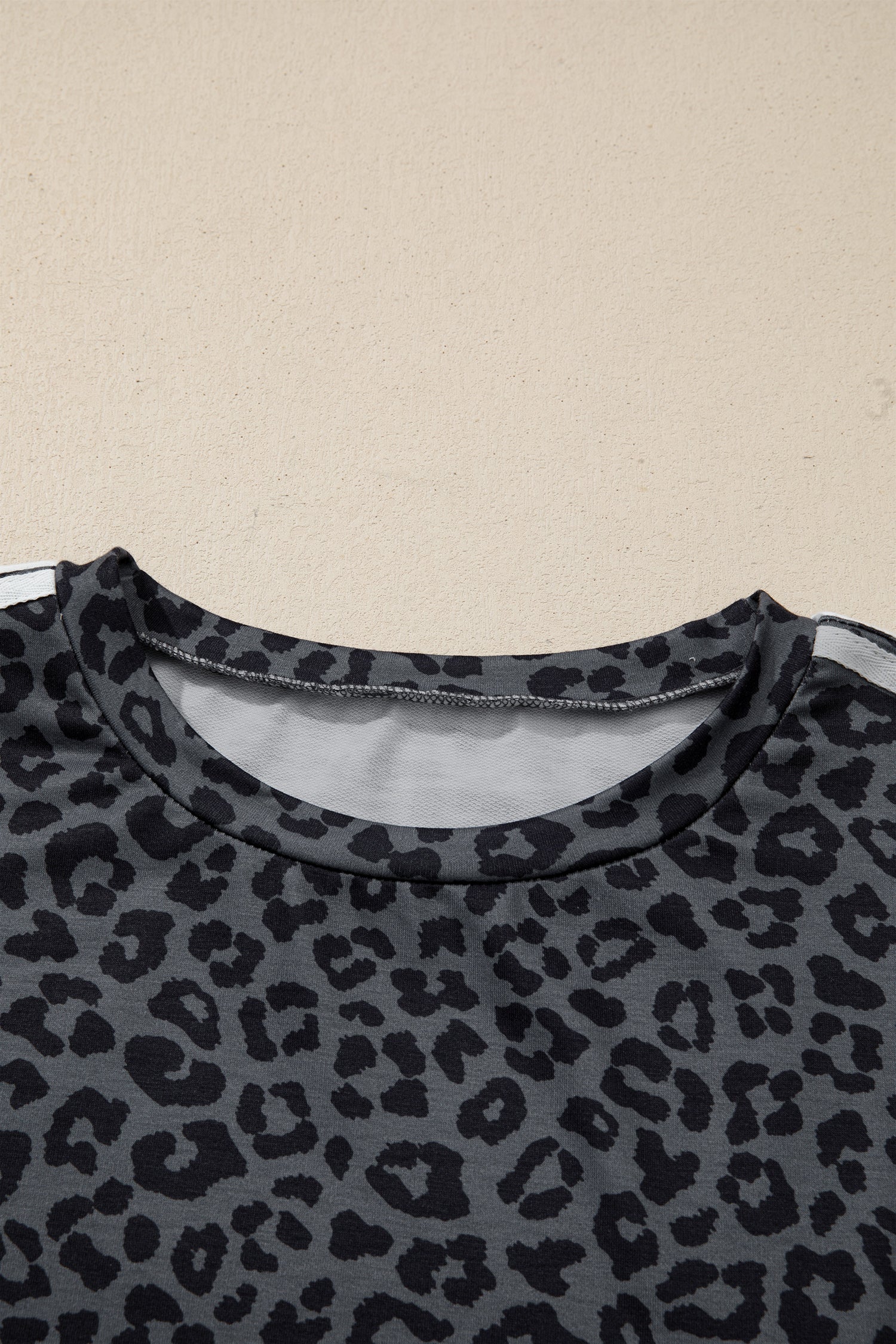 Gray leopard print top round neckline detail