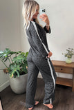 Women's gray leopard print lounge set with white side stripes, side view