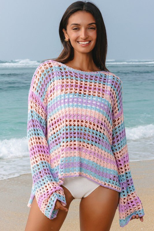 Women's Multi Stripe Open Knit Sweater Cover-Up Beach | Zarnesh