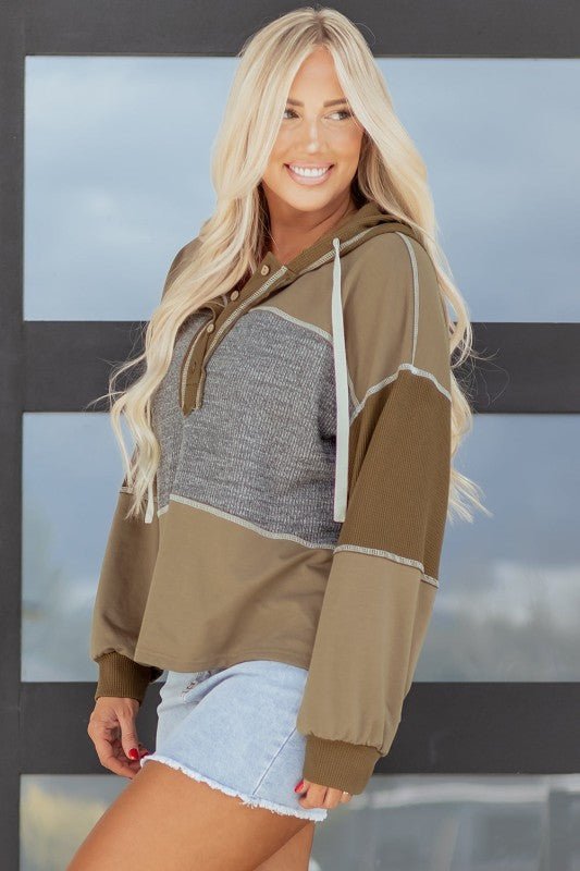 Women's Myrabella Waffle Knit Patchwork Half Button Hoodie | Zarnesh