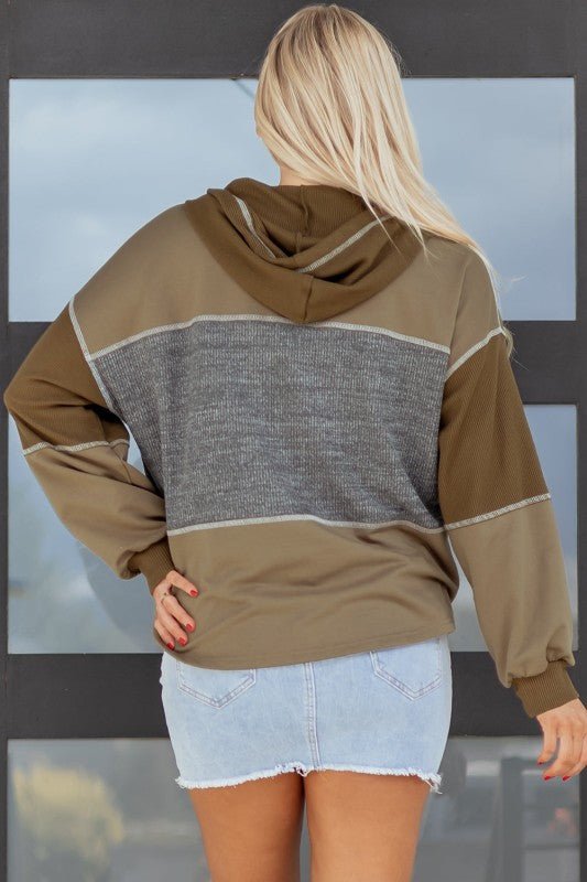 Women's Myrabella Waffle Knit Patchwork Half Button Hoodie | Zarnesh