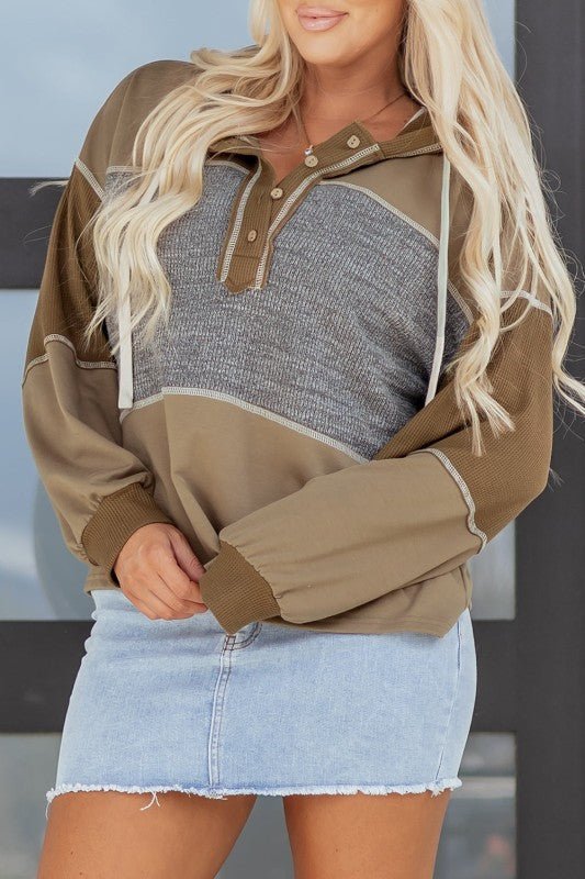 Women's Myrabella Waffle Knit Patchwork Half Button Hoodie | Zarnesh