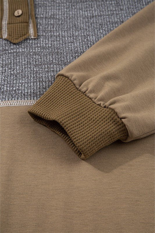 Women's Myrabella Waffle Knit Patchwork Half Button Hoodie | Zarnesh