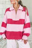 Women's pink striped half zip pullover sweater with ribbed collar, front view