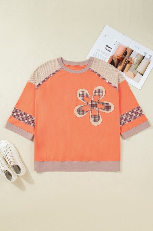 Women’s Plus Size Floral Flower Patchwork Plaid Waffle Top | Zarnesh