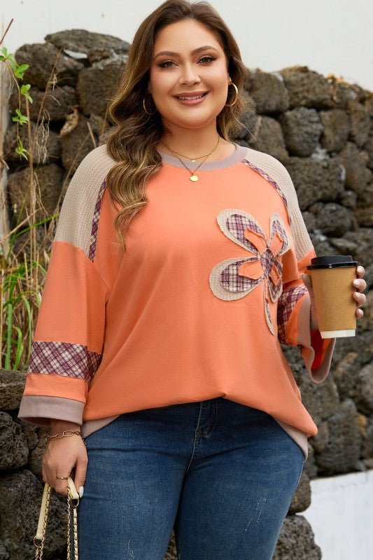 Women’s Plus Size Floral Flower Patchwork Plaid Waffle Top | Zarnesh