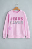 Pink JESUS SAVES faith sweatshirt with floral lettering and gingham star, flat lay