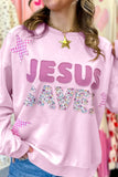 Women's plus size pink JESUS SAVES sweatshirt with gingham stars, front view
