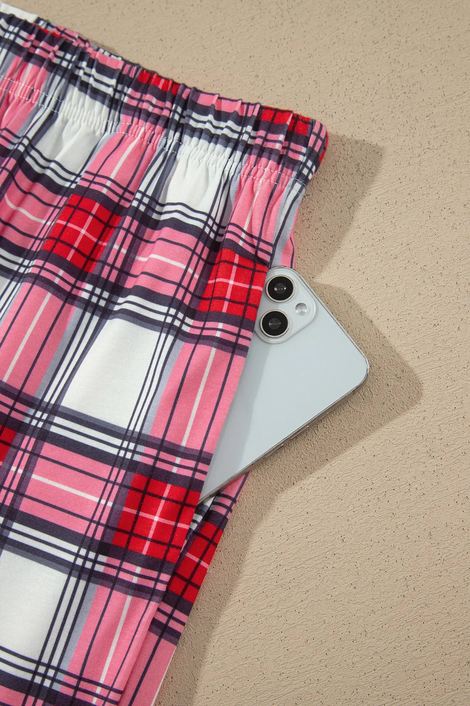 Red plaid pajama pants side pocket detail