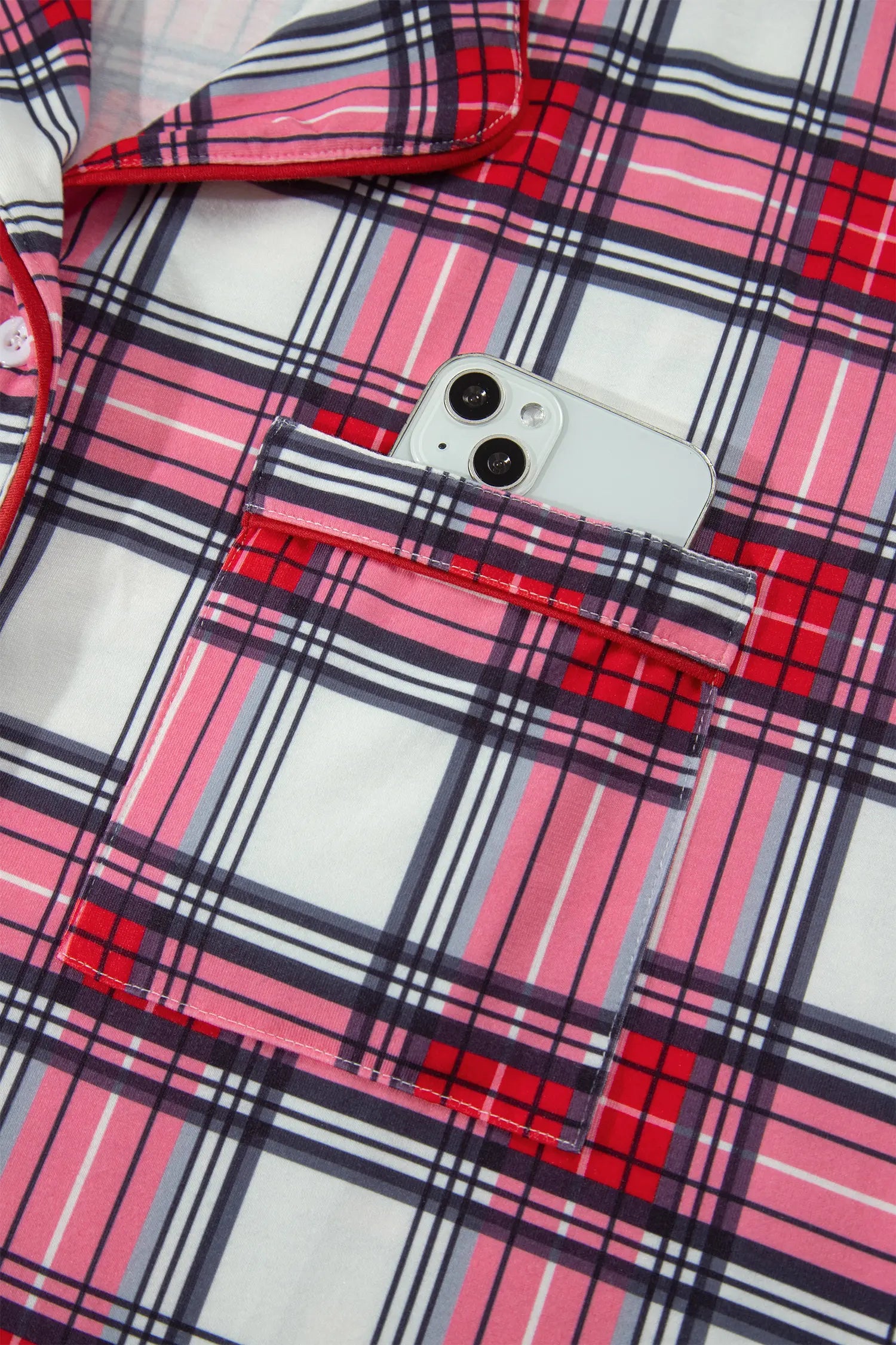 Red plaid pajama top chest pocket detail