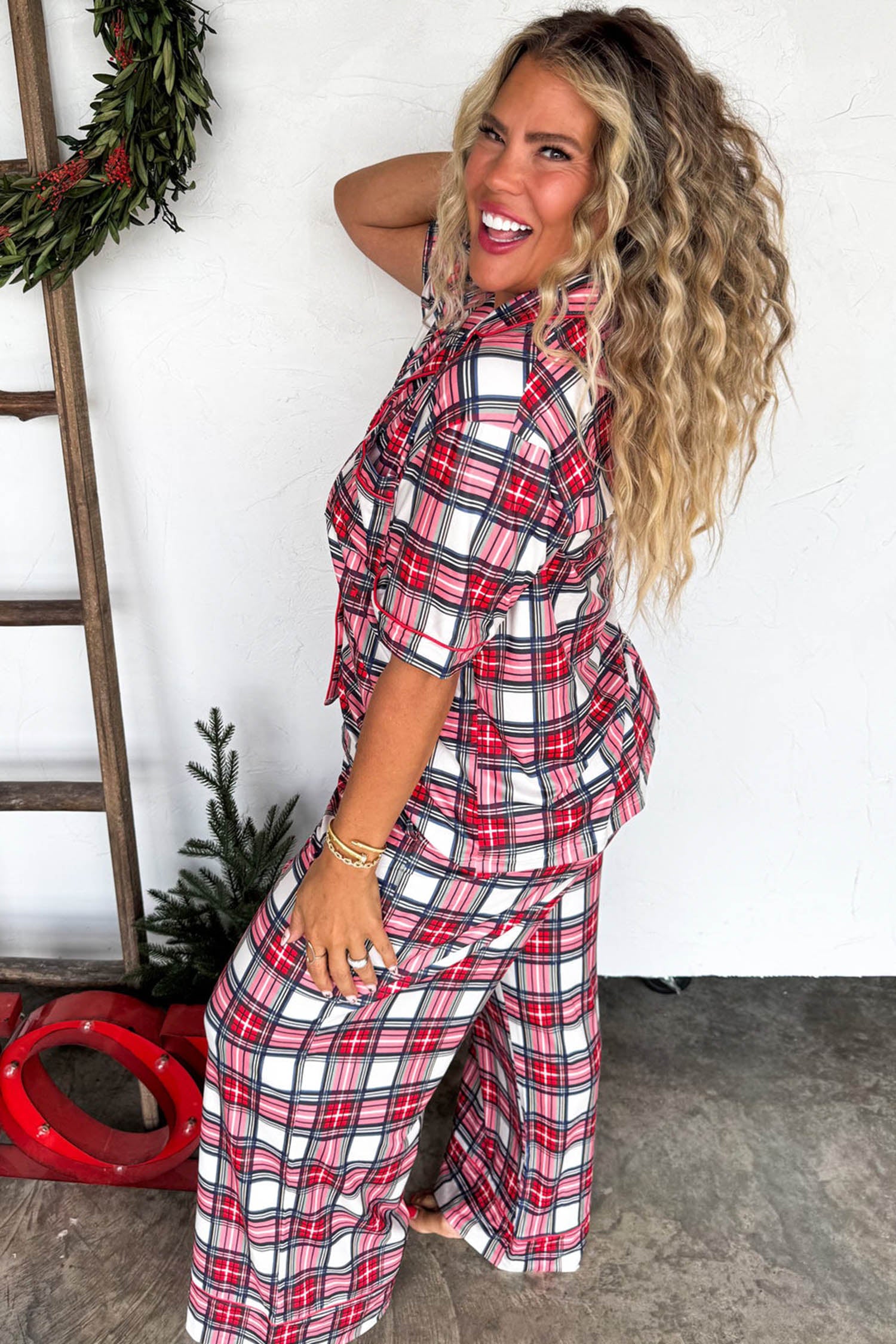 Women's plus size red plaid button down pajama top and pants, side view