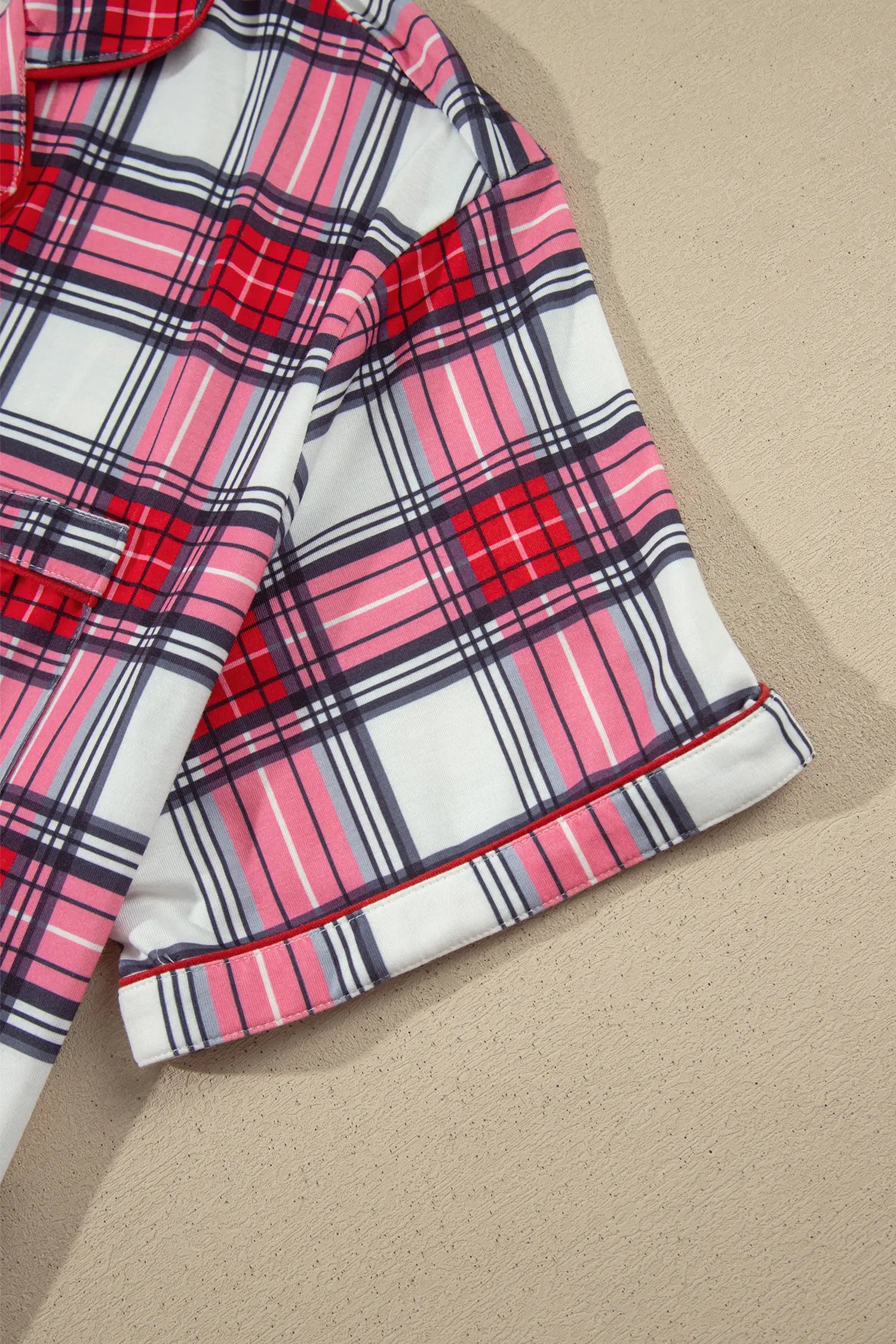 Red plaid pajama top short sleeve with red piping