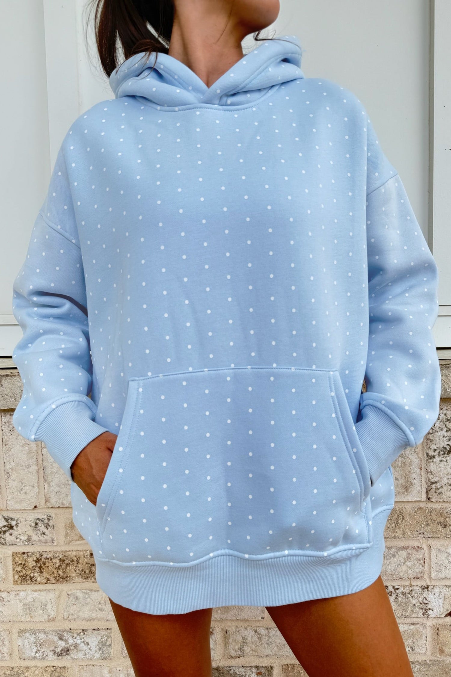 Women's sky blue polka dot oversized hoodie and shorts set, front view