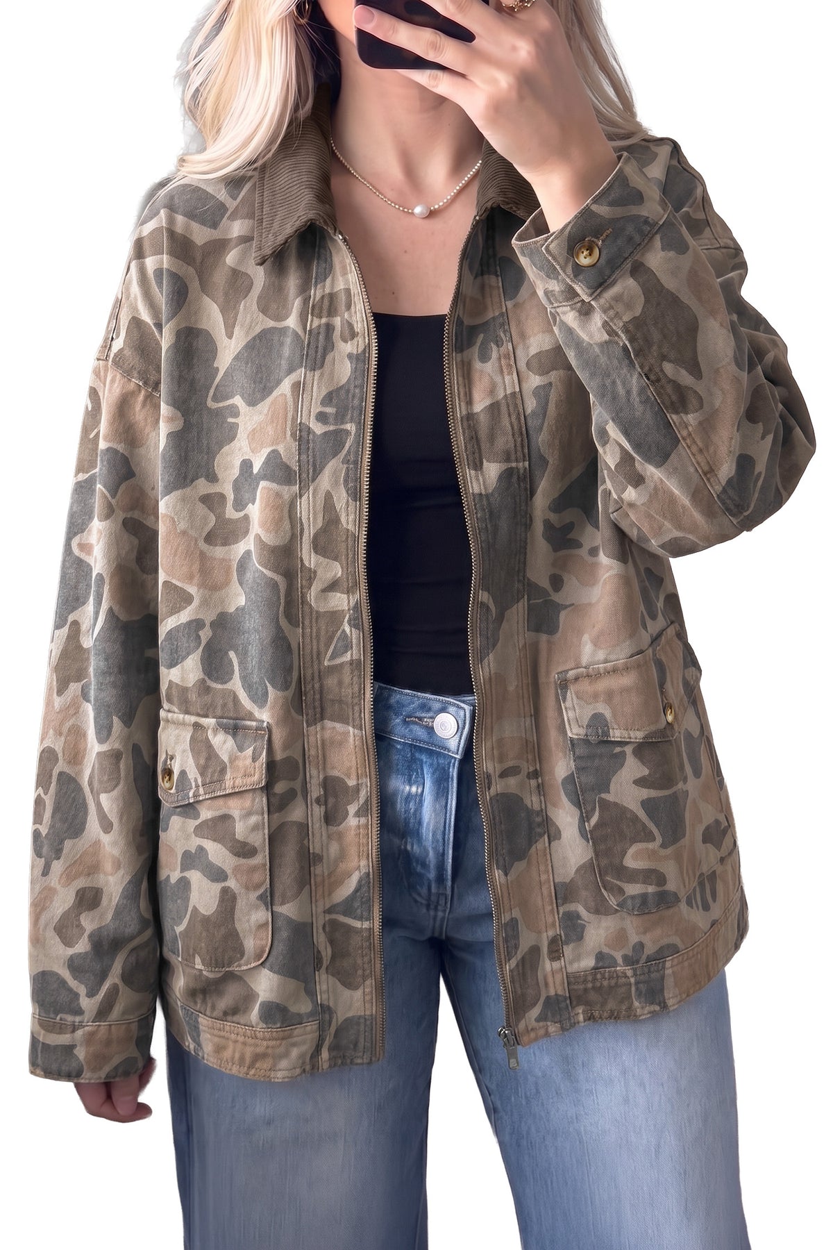 Women's retro camouflage oversized jacket over black tank, styled view