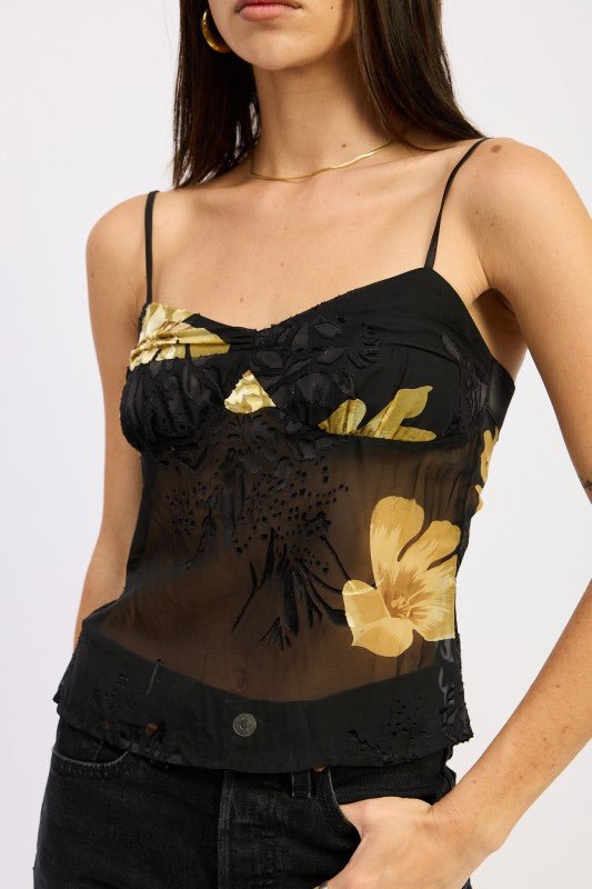 Women’s Sheer Floral Spaghetti Strap Sheer Cami Top | Zarnesh
