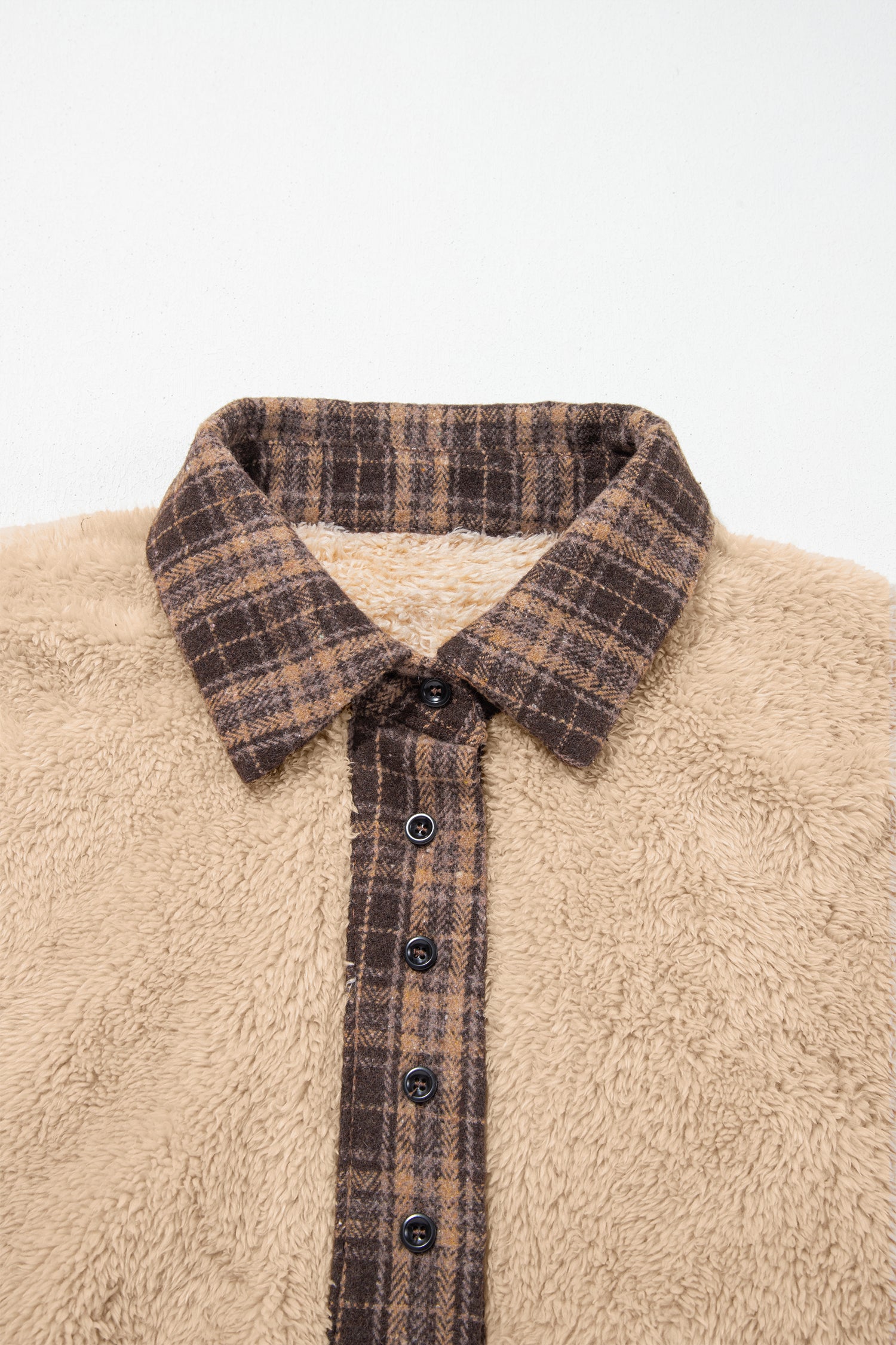 Brown plaid collar and button placket on beige sherpa pullover