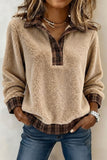 Women's beige sherpa fleece pullover with brown plaid collar and cuffs, front view