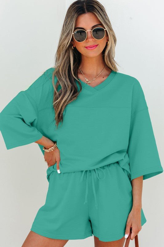 Women’s Solid Loose V-Neck Half Sleeve Tee and Shorts Set | Zarnesh