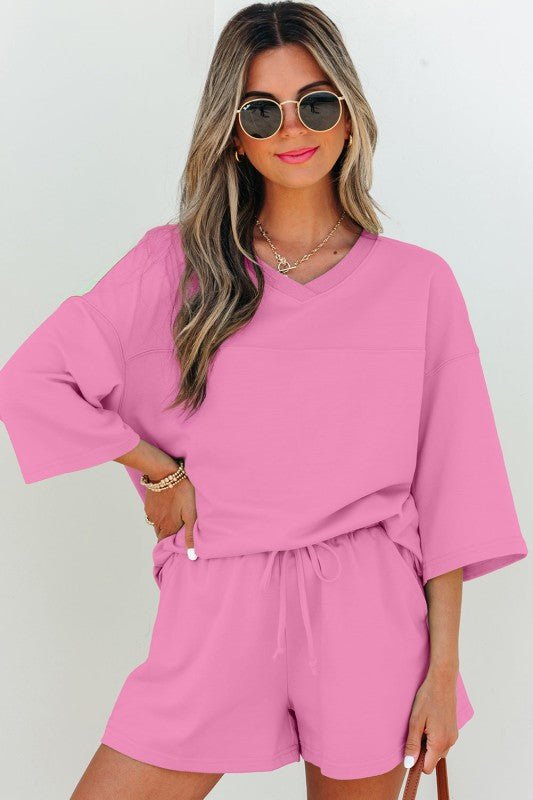 Women’s Solid Loose V-Neck Half Sleeve Tee and Shorts Set | Zarnesh