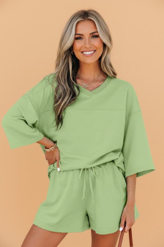 Women’s Solid Loose V-Neck Half Sleeve Tee and Shorts Set | Zarnesh