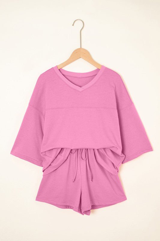 Women’s Solid Loose V-Neck Half Sleeve Tee and Shorts Set | Zarnesh