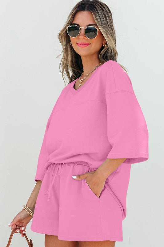 Women’s Solid Loose V-Neck Half Sleeve Tee and Shorts Set | Zarnesh