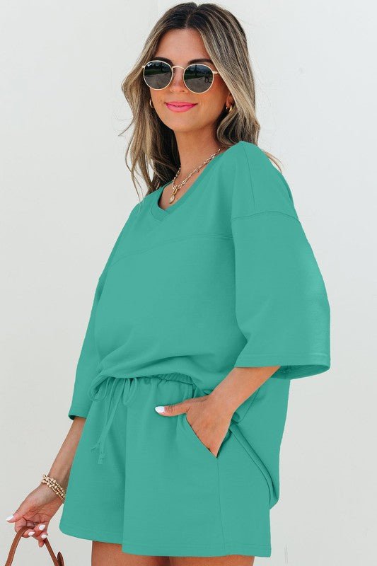 Women’s Solid Loose V-Neck Half Sleeve Tee and Shorts Set | Zarnesh