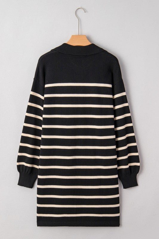 Women's Striped Sweater Puff Sleeve Collared Mini Dress