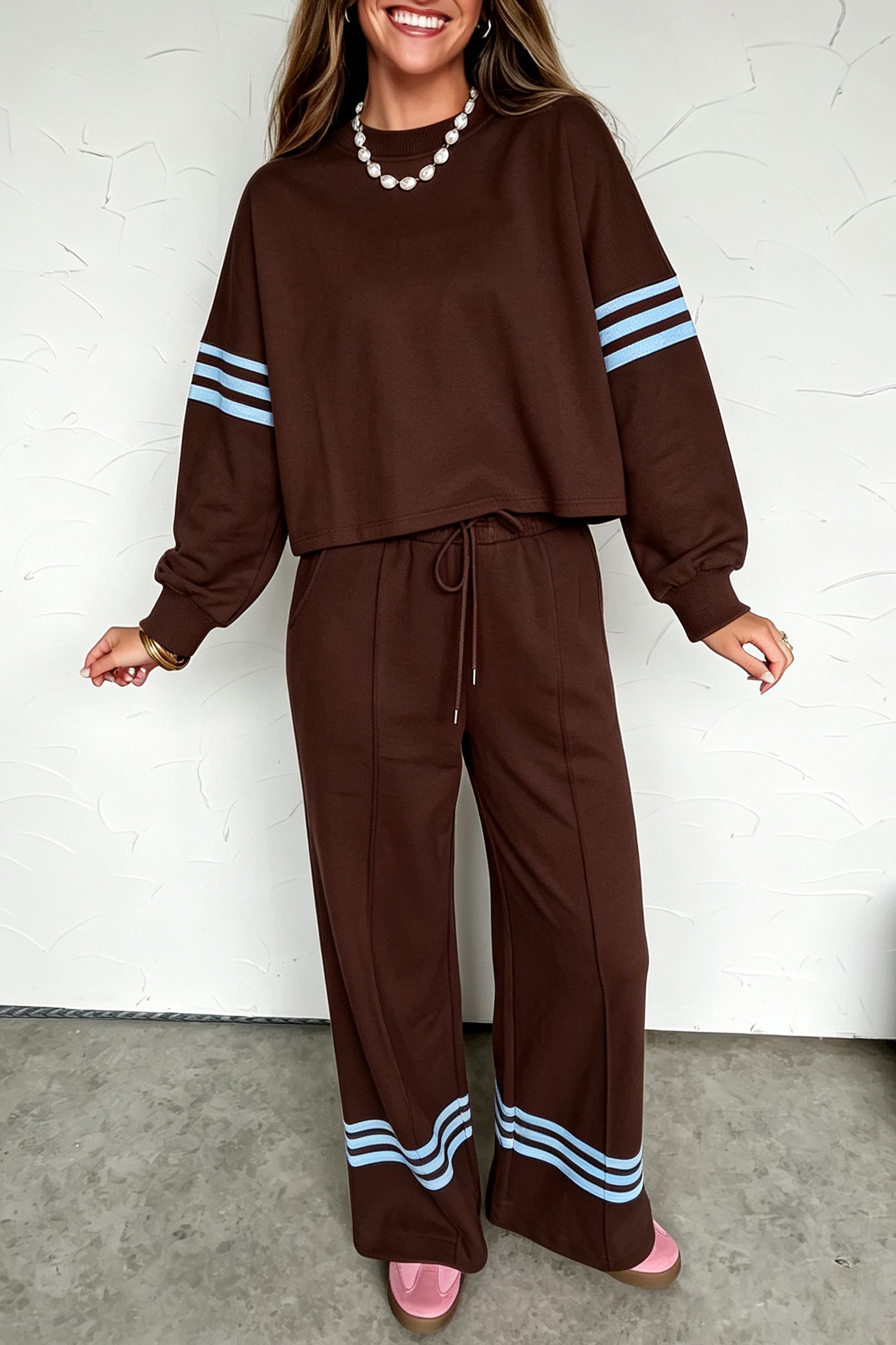 Women's coffee striped top and wide leg pants set, front view