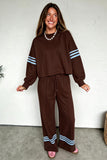 Coffee cropped top and drawstring wide leg pants set with light blue stripes