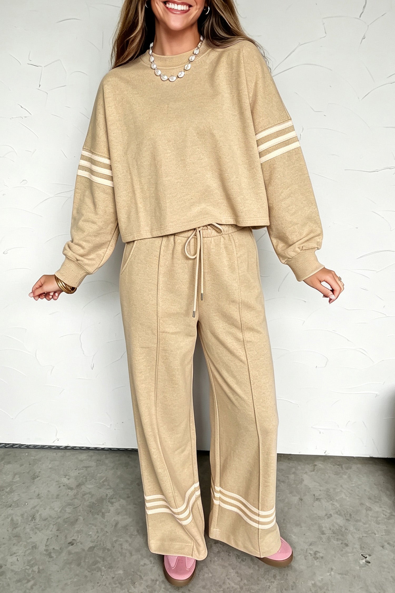Women's parchment striped top and wide leg pants set, front view