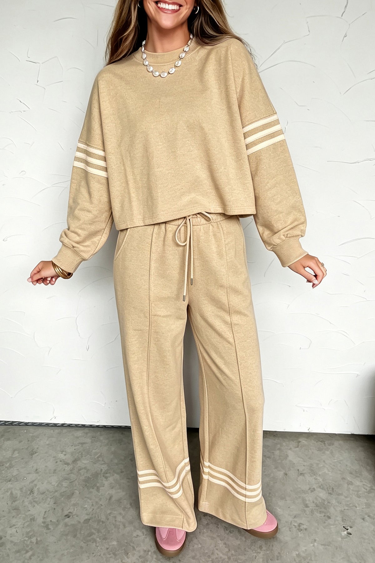 Women's parchment striped top and wide leg pants set, front view