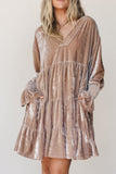Women's velvet tiered V neck long sleeve mini dress with side pockets, front view
